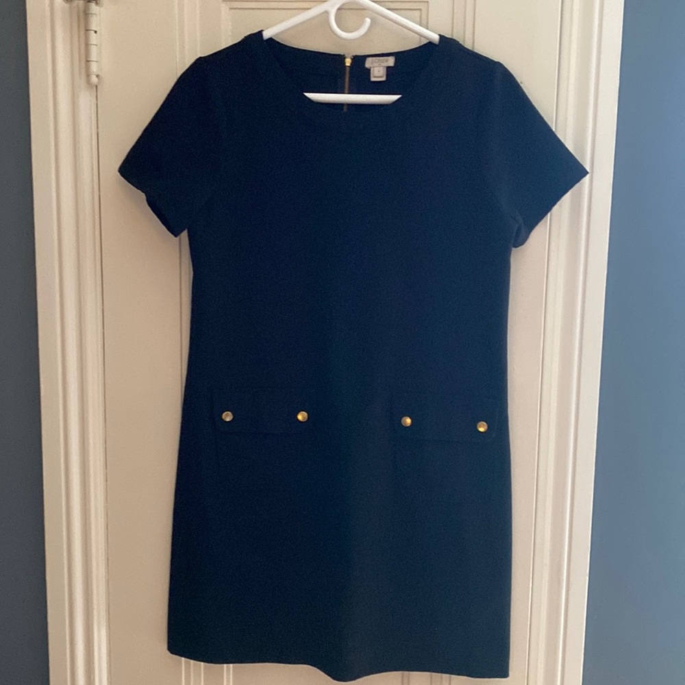 J. Crew Navy Short-Sleeve Shift Dress with Gold Buttons